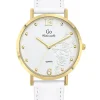 Montre femme Go dorée bracelet cuir blanc cadran fleuri