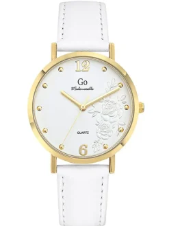 Montre femme Go dorée bracelet cuir blanc cadran fleuri