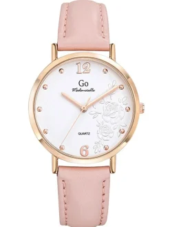 Montre femme Go dorée rose bracelet cuir rose cadran fleuri