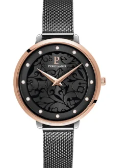 Montre femme Pierre Lannier bracelet milanais noir cadran motif fleuri noir