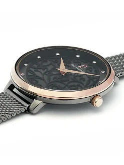 Montre femme Pierre Lannier bracelet milanais noir cadran motif fleuri noir