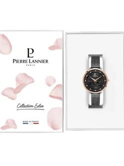 Montre femme Pierre Lannier bracelet milanais noir cadran motif fleuri noir