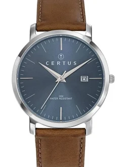 Montre homme Certus bracelet cuir brun fond bleu 611054