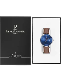 Montre Pierre Lannier bracelet brun cadran bleu Solaire Classe 208H164